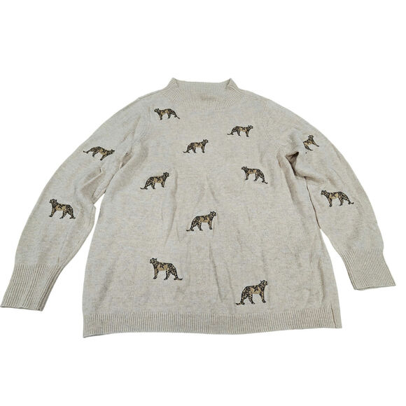 Chico's Sweaters - Chico's Cashmere Wool Blend Embroidered CheetahTan Sweater Sz 2 L Animal Print